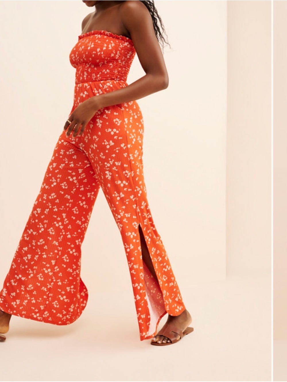 Strapless Orange Floral Wide-Leg Jumpsuit